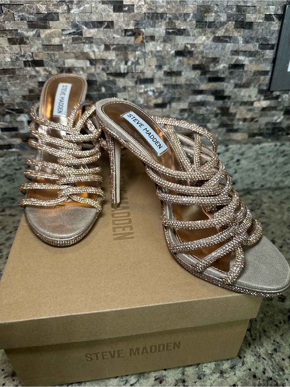 New Steve Madden Women's Rose Gold Strappy Crystal Mule Heels Sz.8.5(FITS SZ.8)